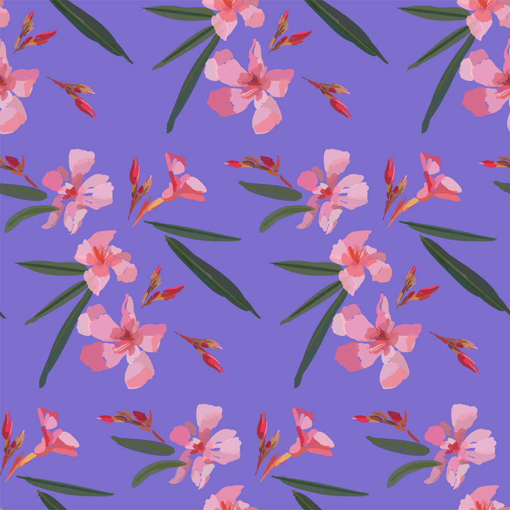 Violet Garden, peel and stick wallpaper, delicate pink blossoms and budding stems scatter across a rich violet background