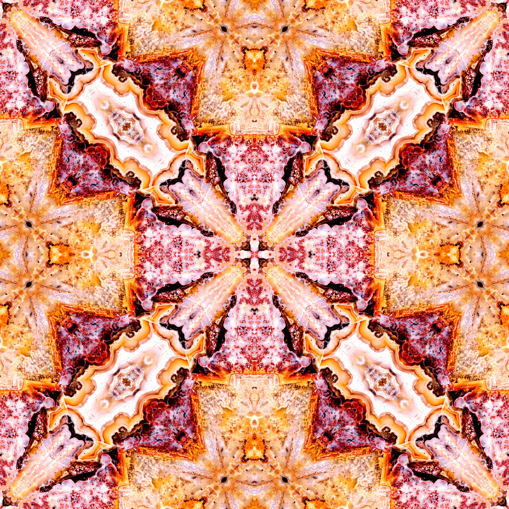Amber Mandala, peel and stick wallpaper, radiant mineral formations form a dramatic kaleidoscopic symmetry, showcasing