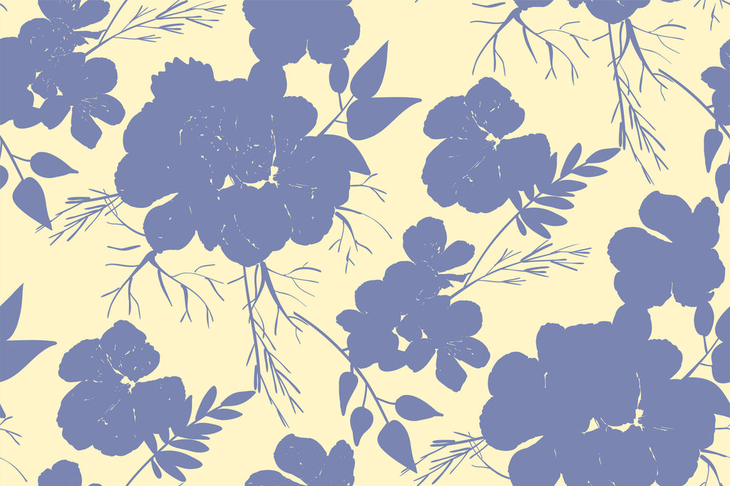 Periwinkle Blossoms, peel and stick wallpaper, soft periwinkle floral silhouettes bloom across a warm cream background