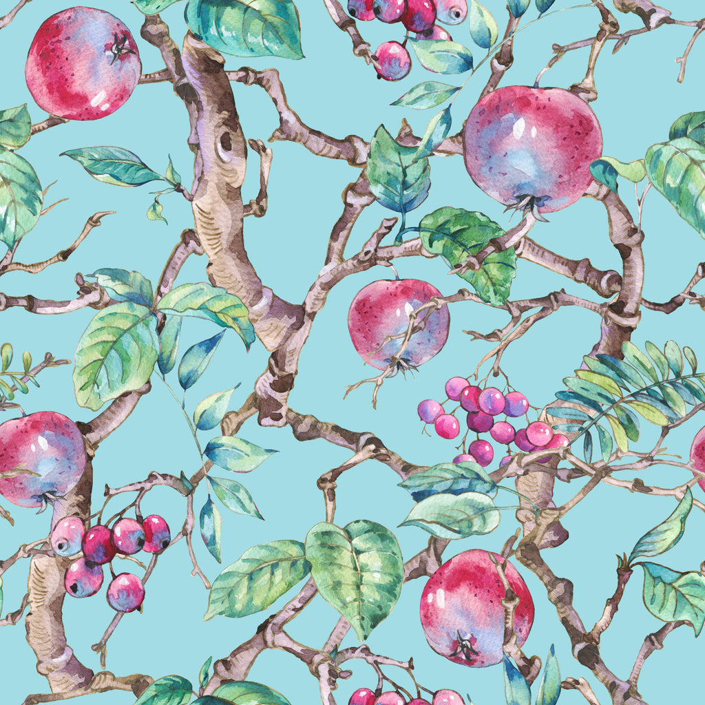 Orchard Bloom, peel and stick wallpaper, handpainted fruit branches with pink apples, berries, and layered green leaves
