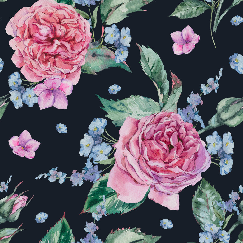 Nocturne, peel and stick wallpaper, watercolor peonies and delicate blue blossoms drift across a deep navy background
