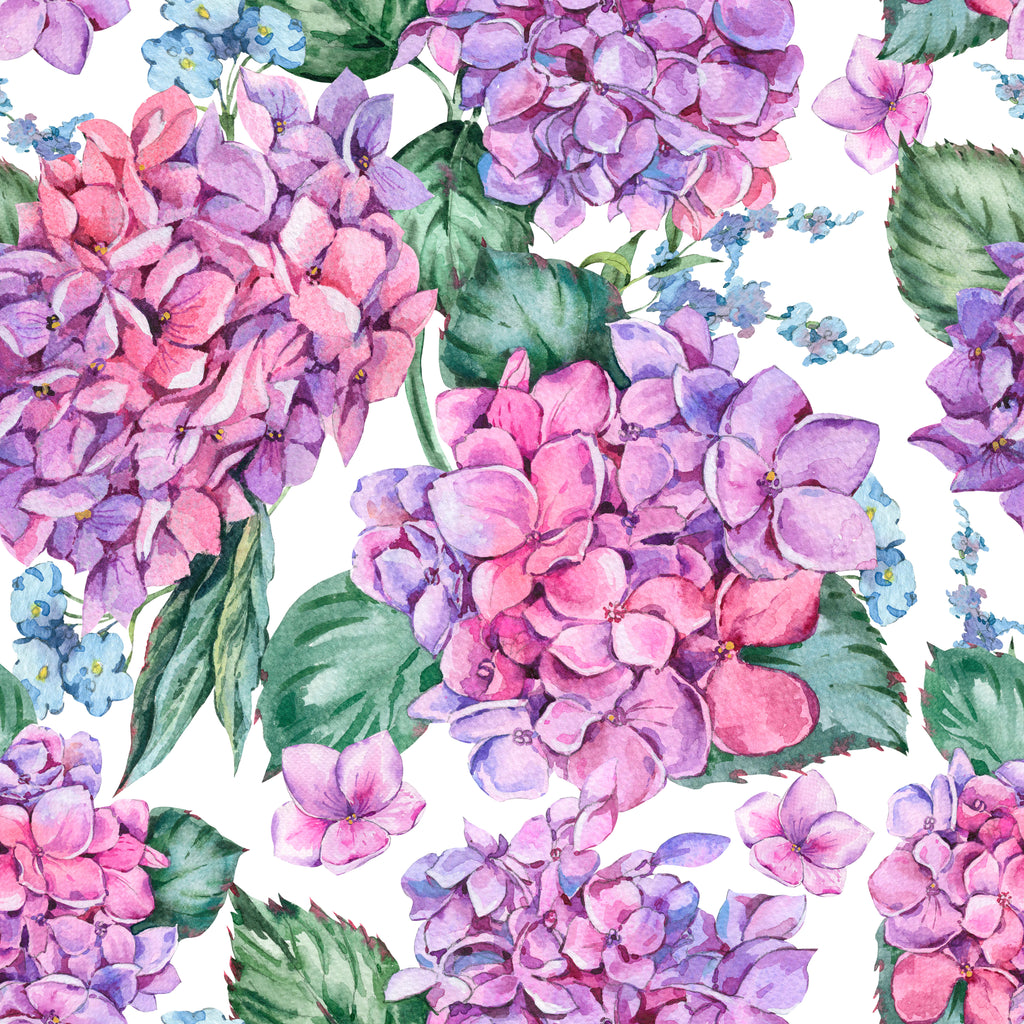 Hydrangea Garden, peel and stick wallpaper, watercolor hydrangea clusters in soft pink, lavender, and violet tones bloom