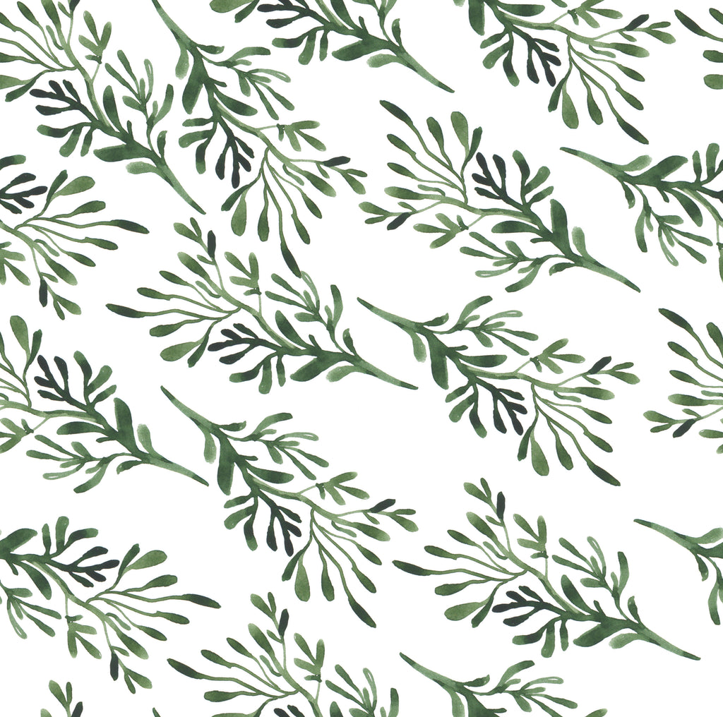 Herbal Sprigs, peel and stick wallpaper, delicate watercolor greenery branches repeat across a soft white background