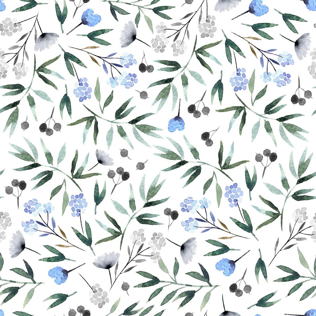 Blue Meadow, peel and stick wallpaper, soft watercolor wildflowers and leafy stems scatter gently