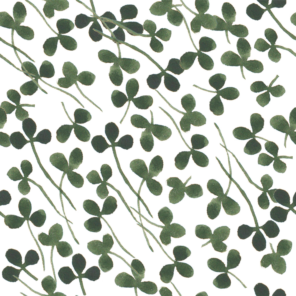 Clover Drift, peel and stick wallpaper, simple watercolor clover leaves flow gently across a clean white background