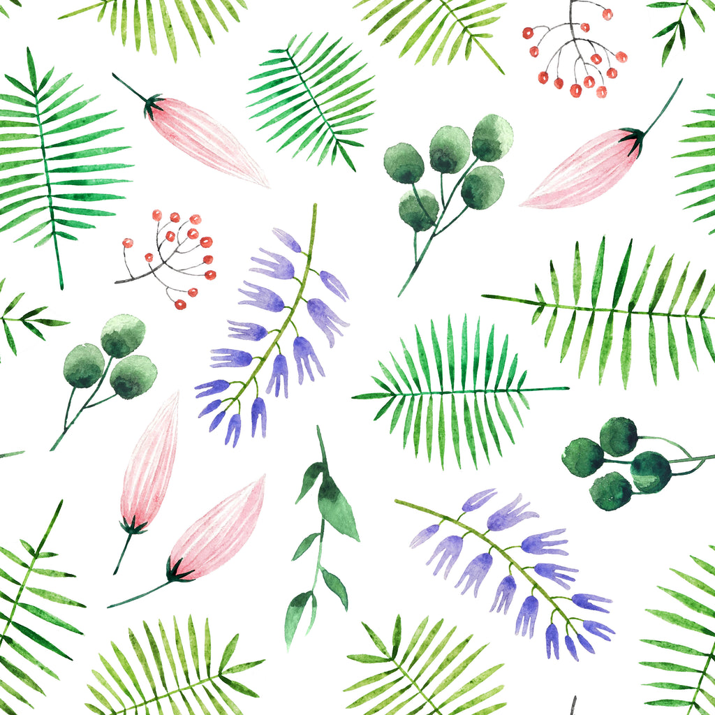 Garden Sprigs, peel and stick wallpaper, fresh watercolor leaves, berries, and delicate blossoms scatter