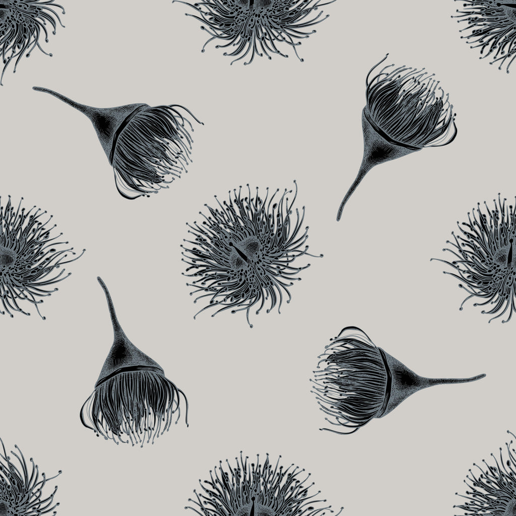 Ink Botanicals, peel and stick wallpaper, striking monochrome botanical forms float across a soft neutral background
