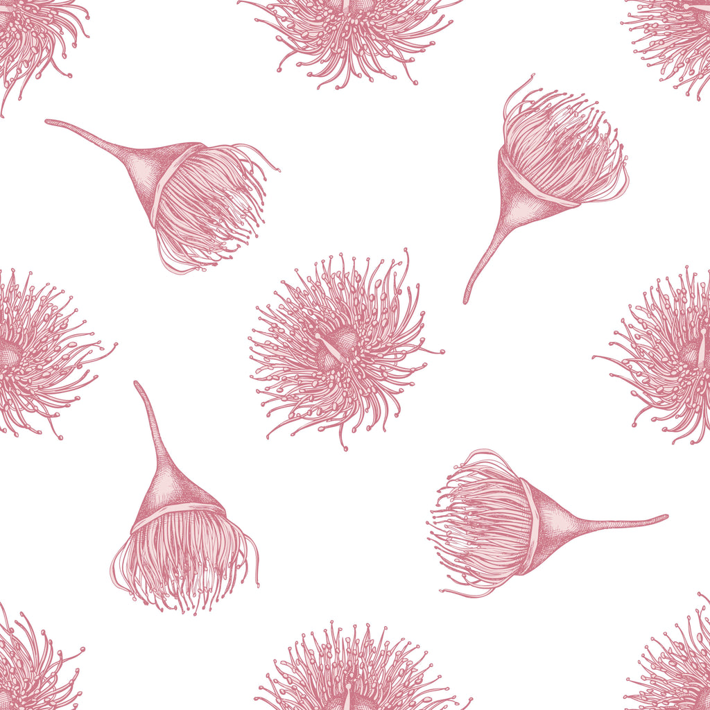 Rose Botanicals, peel and stick wallpaper, delicate line-drawn floral forms float across a crisp white background