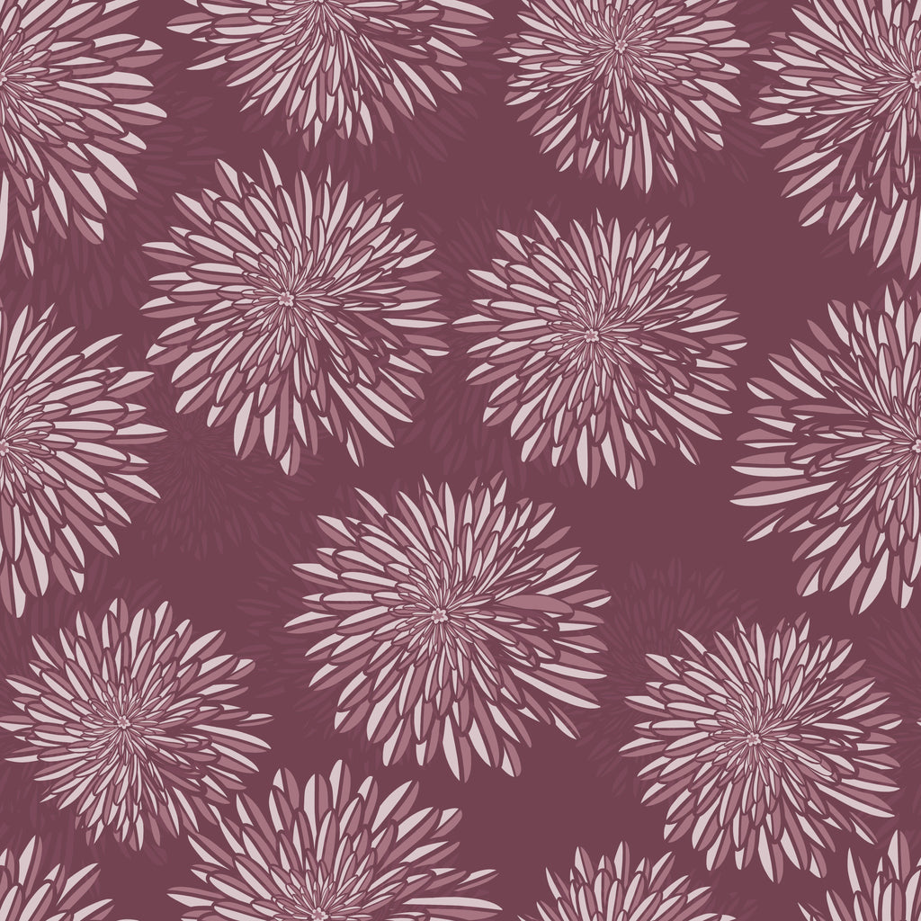 Plum Blossoms, peel and stick wallpaper, layered floral bursts spread across a rich plum background, creating a bold yet