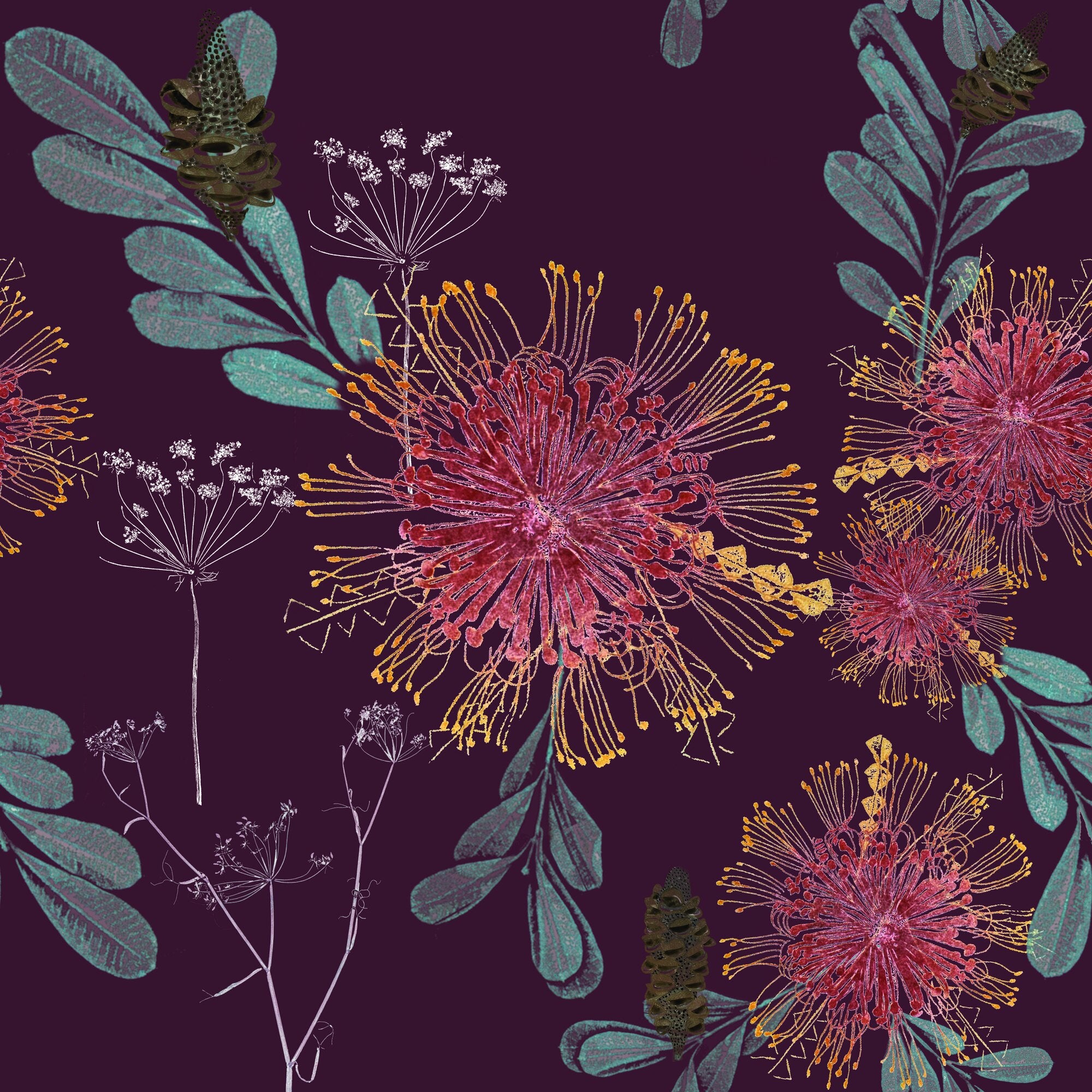 Vintage Banksias Wallpaper – Rosewood
