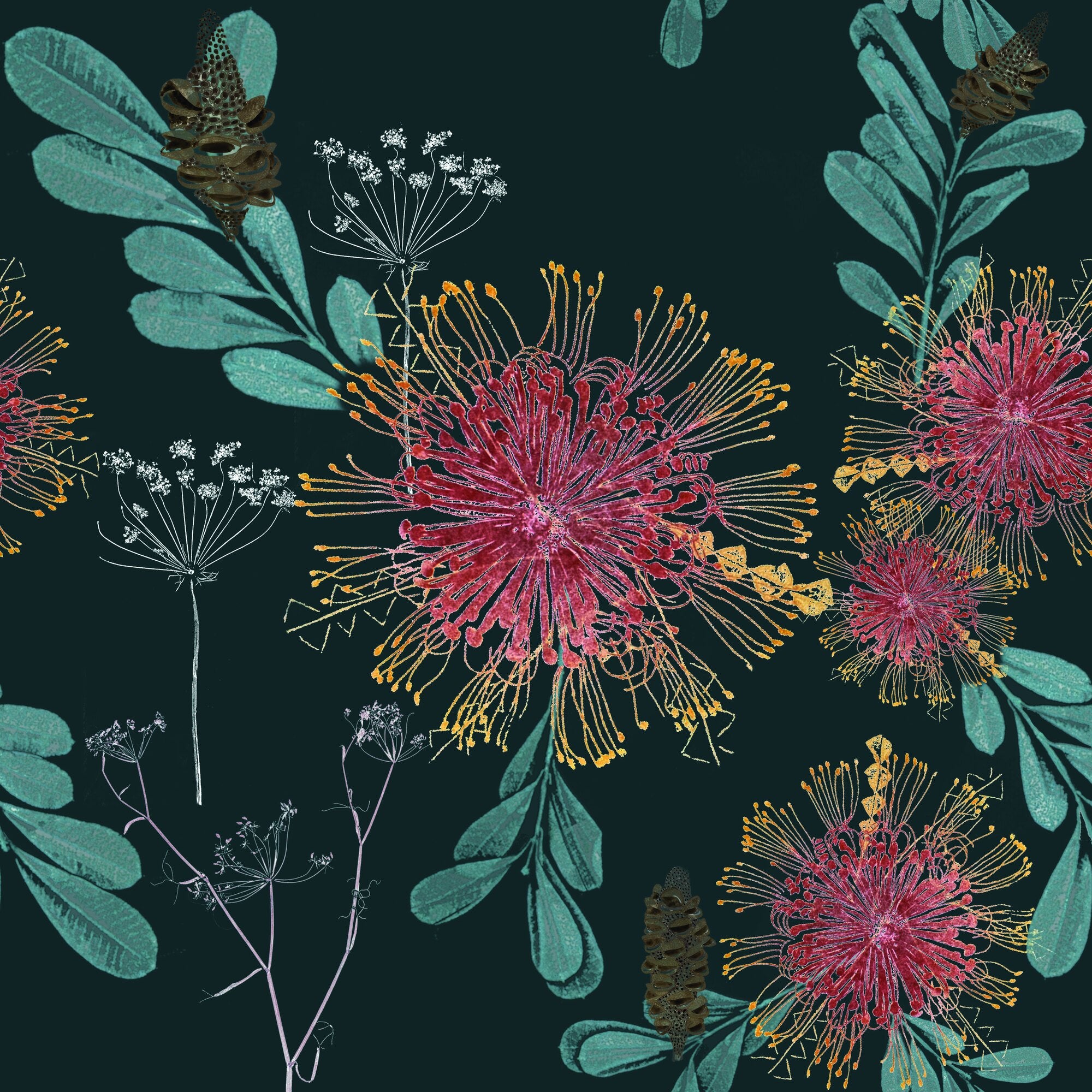 Vintage Banksias Wallpaper – Teal