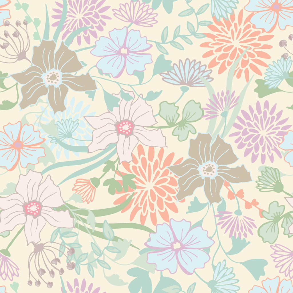 Pastel Garden, peel and stick wallpaper, soft illustrated flowers in gentle pastel tones bloom across a warm neutral