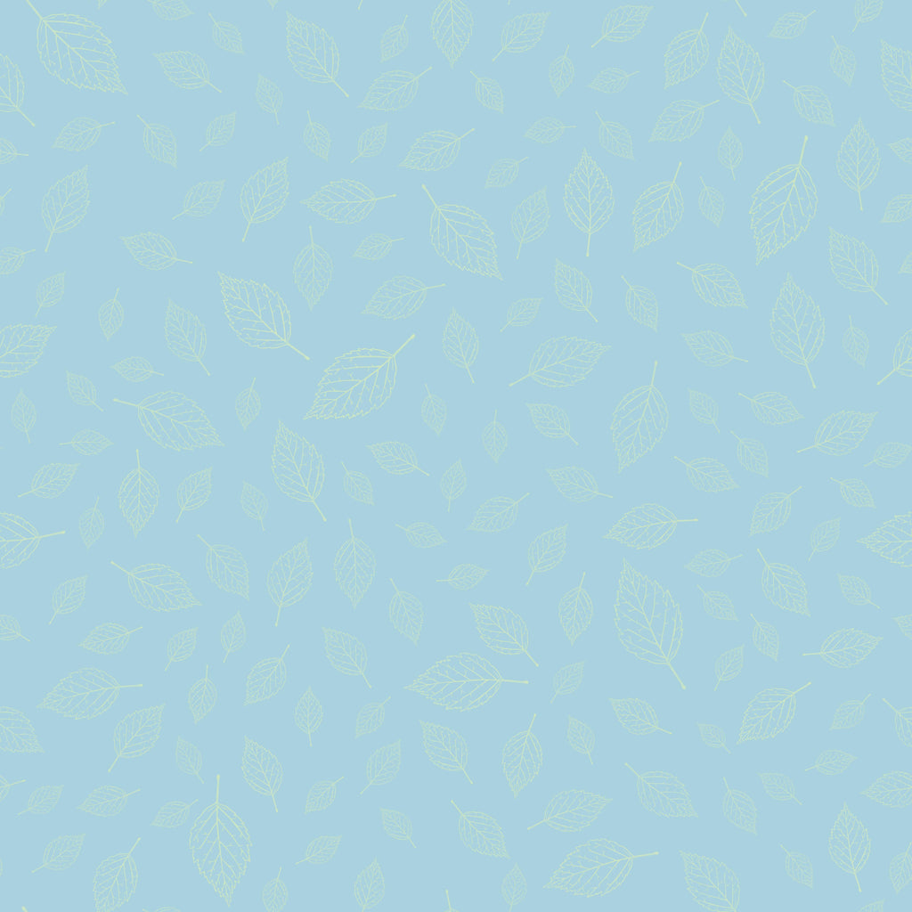 Sky Leaves, peel and stick wallpaper, delicate leaf outlines scatter across a soft blue background, creating