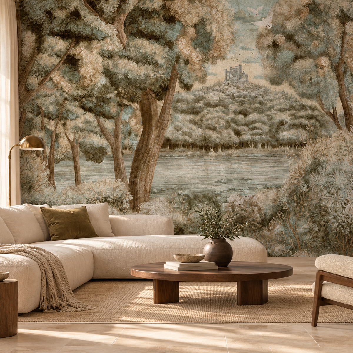 Castle Lake Tapestry mural in Olive by Alessandro Scanziani, peel and stick wallpaper styled in a room