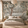 Castle Lake Tapestry mural in Sage by Alessandro Scanziani, peel and stick wallpaper styled in a room
