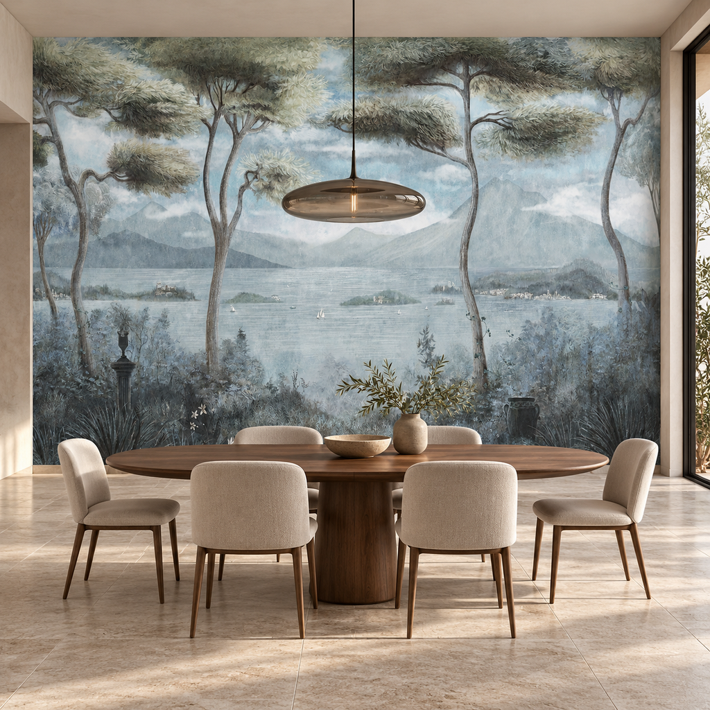Lake Como mural in Blue by Alessandro Scanziani, peel and stick wallpaper styled in a room