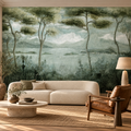 Lake Como mural in Green by Alessandro Scanziani, peel and stick wallpaper styled in a room
