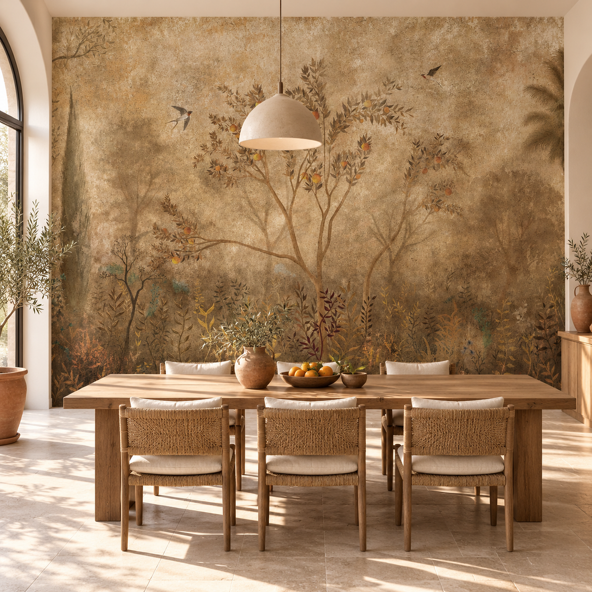 Orange Grove Fresco mural by Alessandro Scanziani, peel and stick wallpaper styled in a room