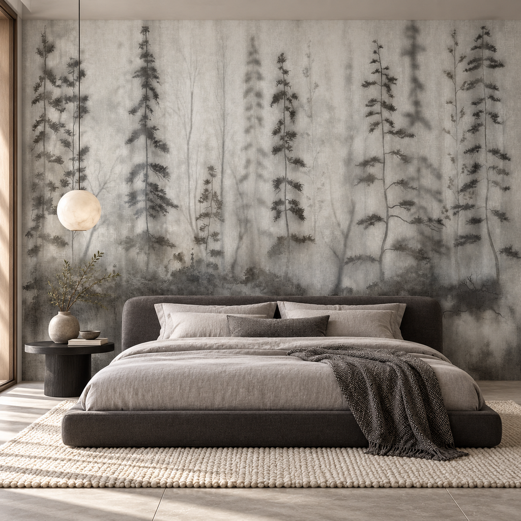 Pine Shadows mural by Alessandro Scanziani, peel and stick wallpaper styled in a room