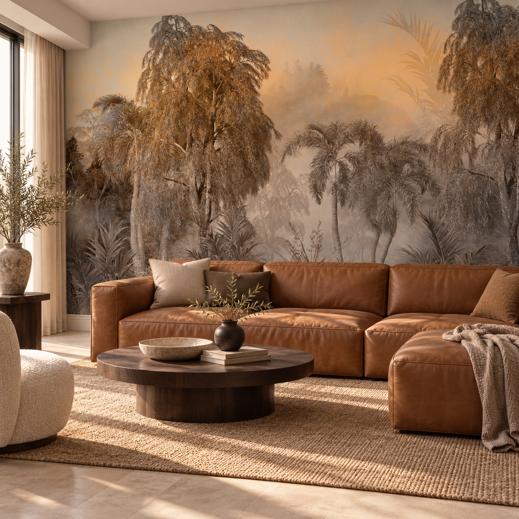 Amber Canopy, peel and stick wallpaper styled on a feature wall