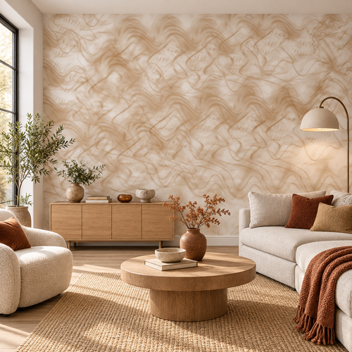 Amber Currents, peel and stick wallpaper styled on a feature wall