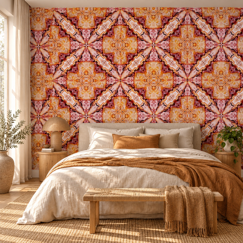 Amber Mandala, peel and stick wallpaper styled on a feature wall