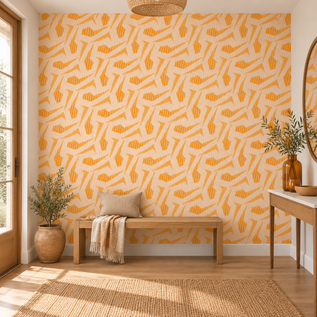 Amber Puzzle, peel and stick wallpaper styled on a feature wall