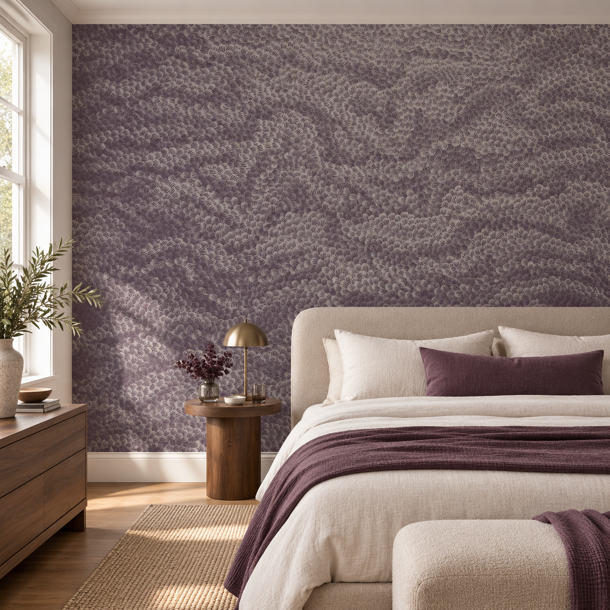 Amethyst Wave, peel and stick wallpaper styled on a feature wall