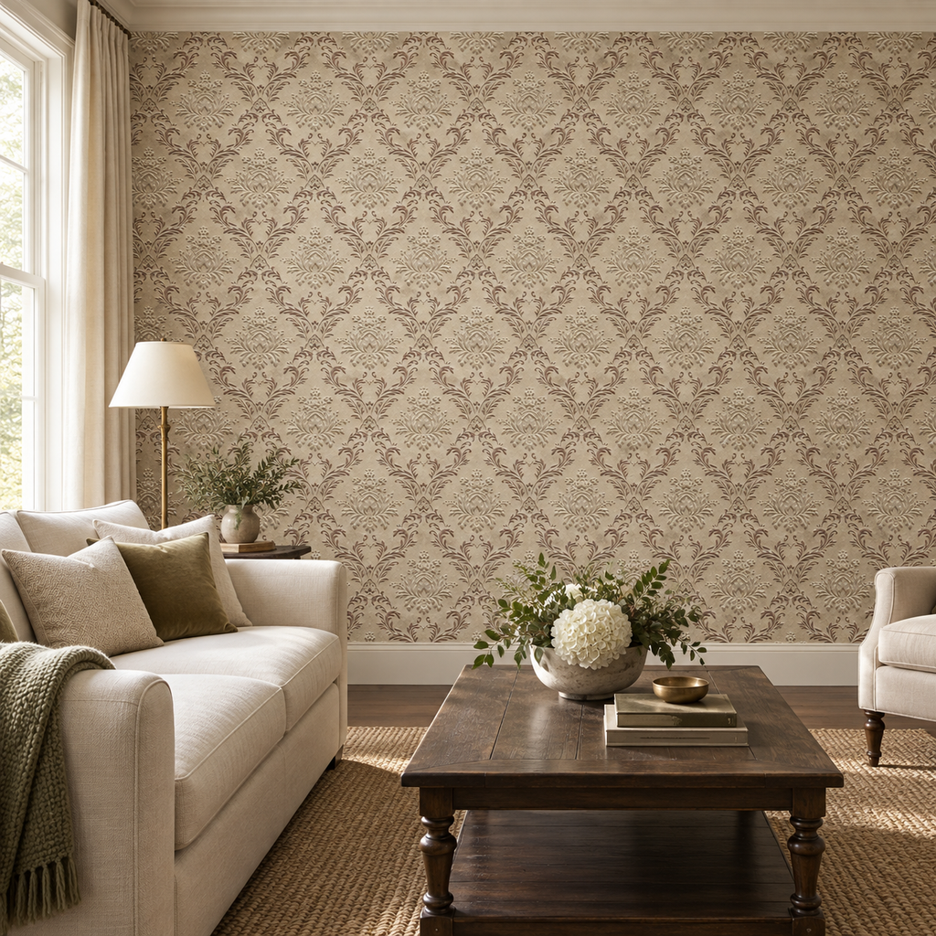 Antique Damask, peel and stick wallpaper styled on a feature wall