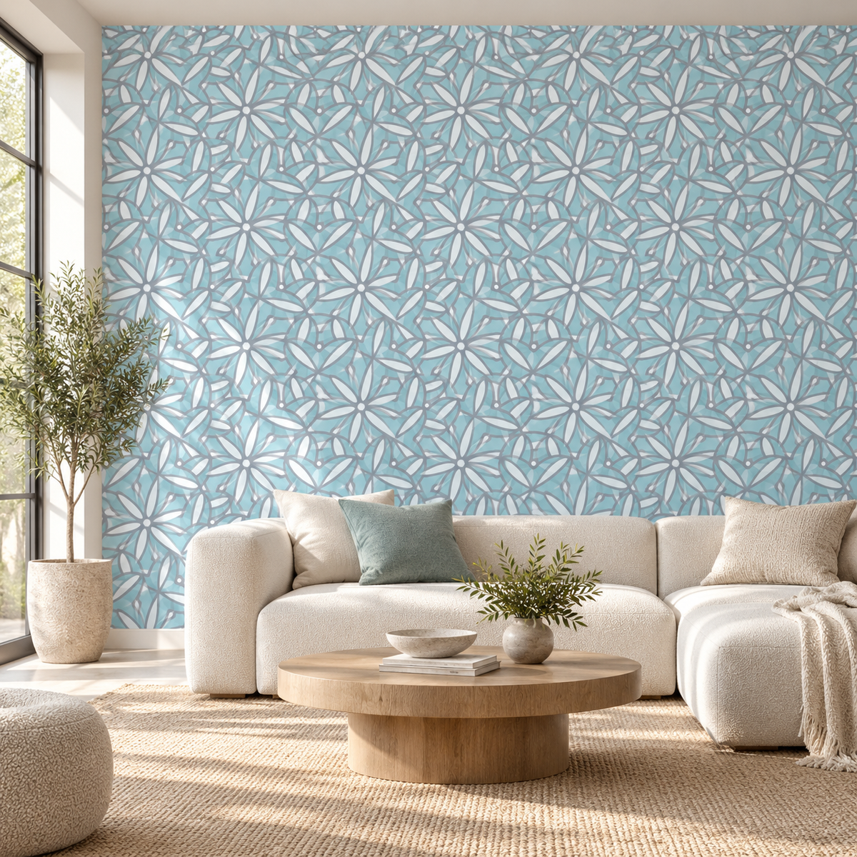 Aqua Blossom, peel and stick wallpaper styled on a feature wall