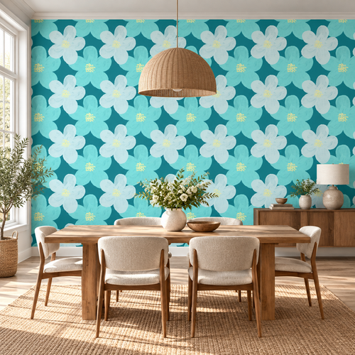 Aqua Blossoms, peel and stick wallpaper styled on a feature wall