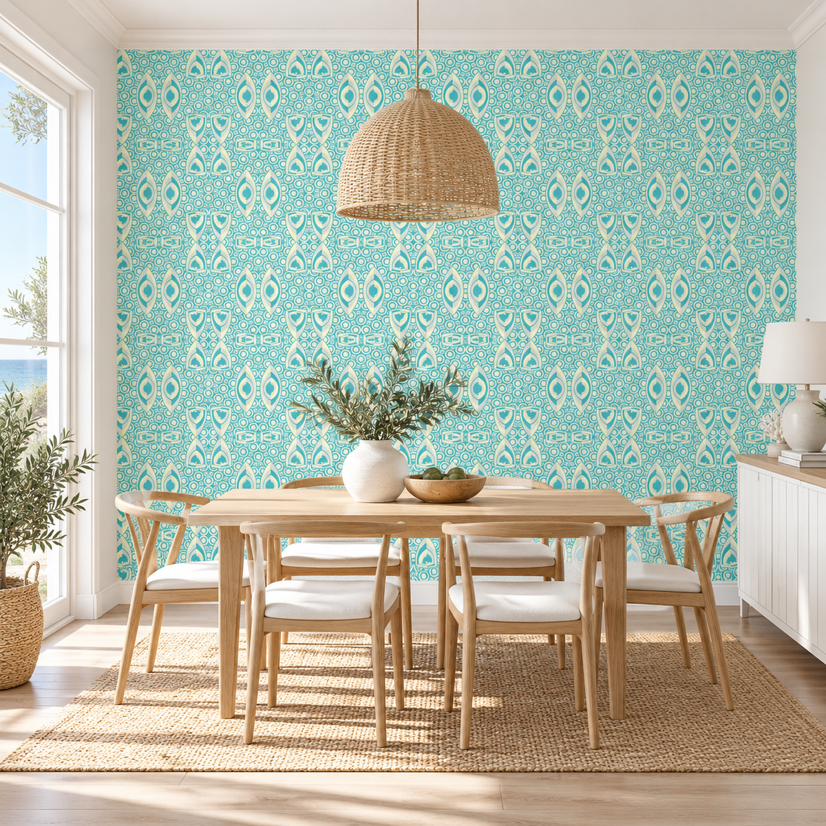 Aqua Echoes, peel and stick wallpaper styled on a feature wall