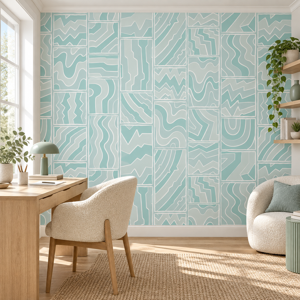 Aqua Panels, peel and stick wallpaper styled on a feature wall