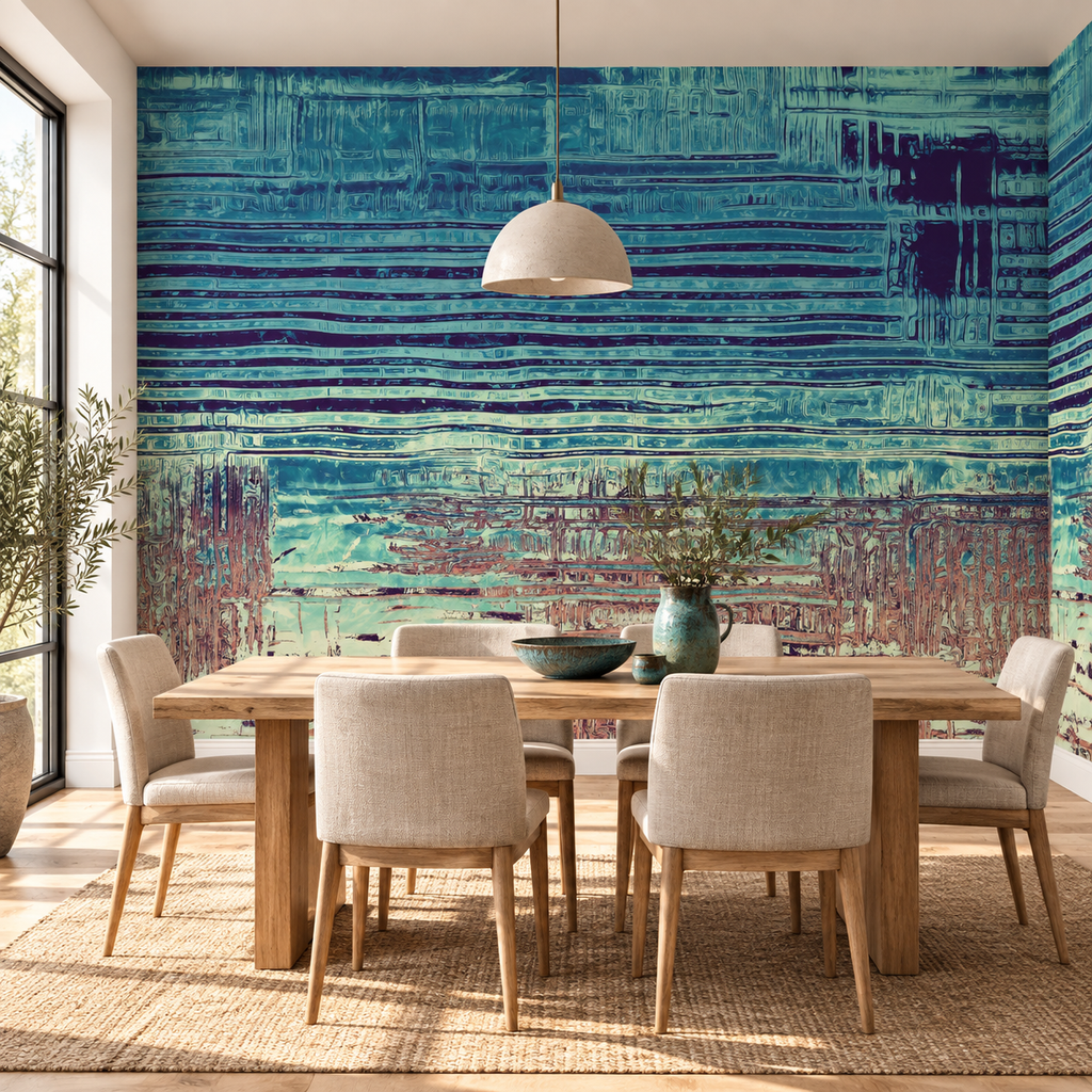 Aqua Strata, peel and stick wallpaper styled on a feature wall