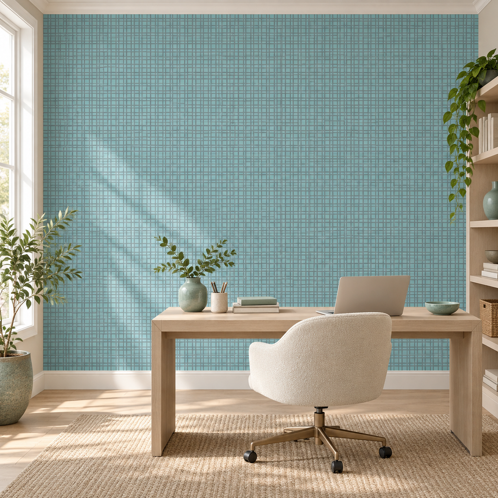 Aqua Weave, peel and stick wallpaper styled on a feature wall