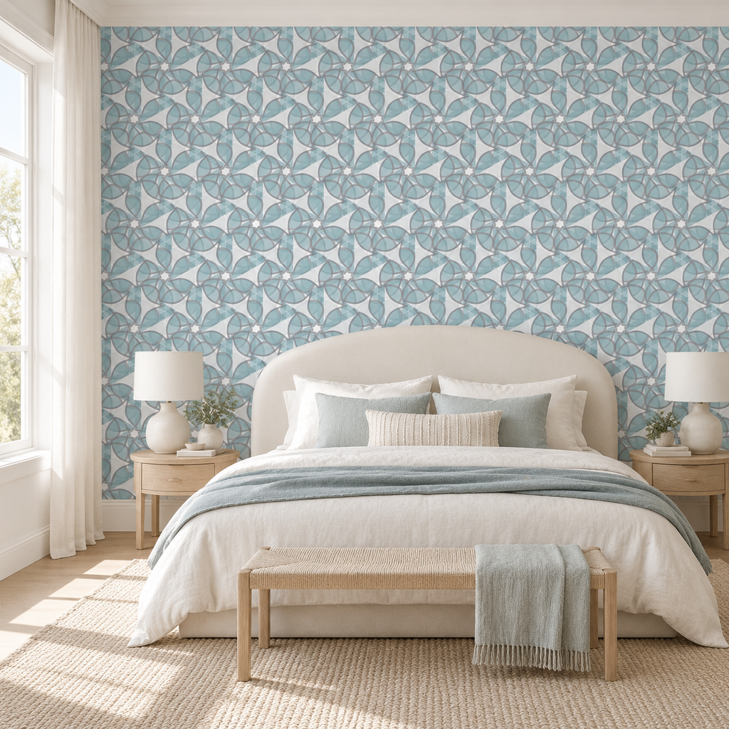 Arctic Bloom, peel and stick wallpaper styled on a feature wall