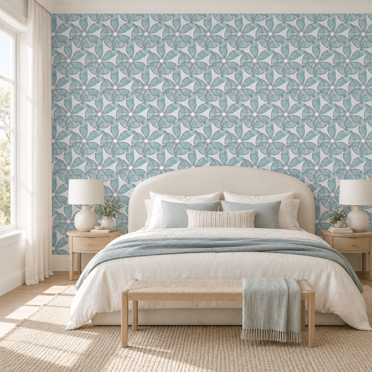 Arctic Bloom, peel and stick wallpaper styled on a feature wall