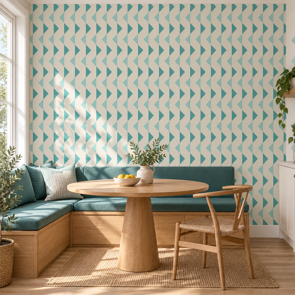 Arrow Rhythm, peel and stick wallpaper styled on a feature wall