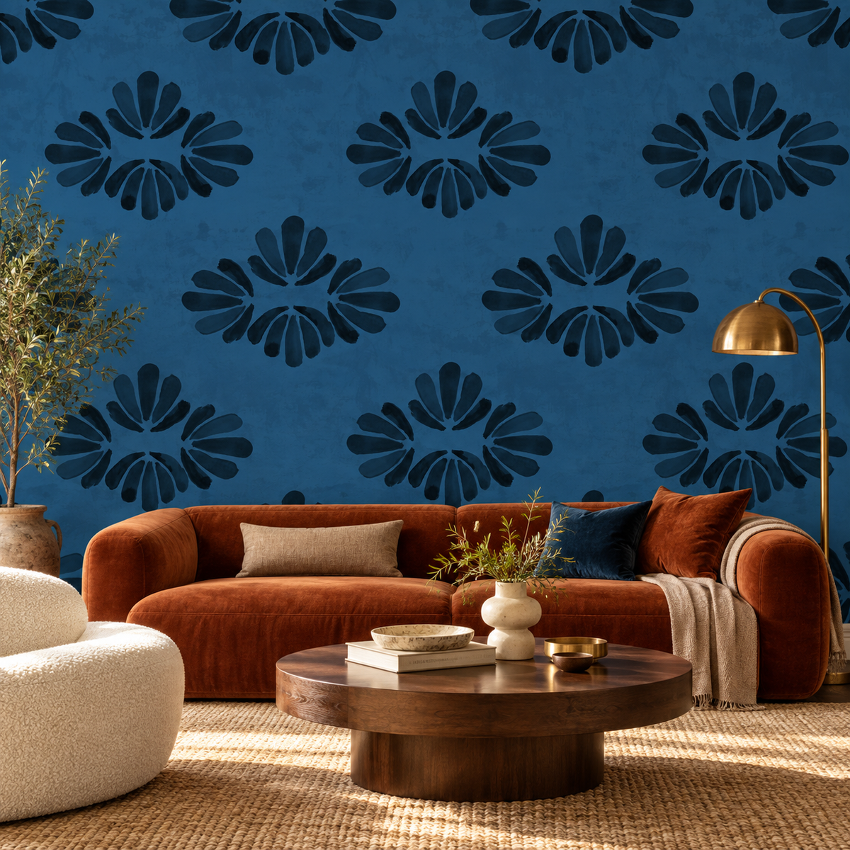 Art Deco Painted Seashells in Deep Blue by Cat Bellini, peel and stick wallpaper styled on a feature wall
