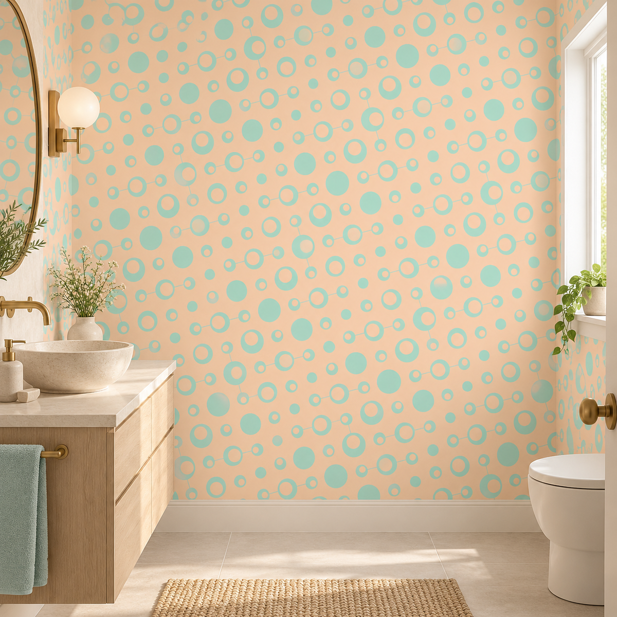 Atomic Dots, peel and stick wallpaper styled on a feature wall