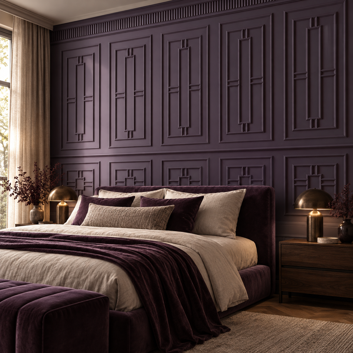 Aubergine Panels, peel and stick wallpaper styled on a feature wall