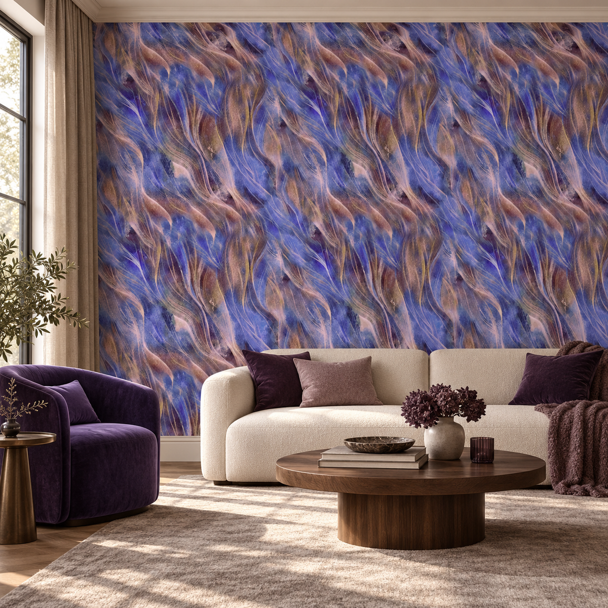 Aurora Plume, peel and stick wallpaper styled on a feature wall