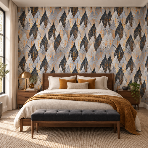 Autumn Feathers, peel and stick wallpaper styled on a feature wall