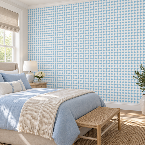 Azure Diamonds, peel and stick wallpaper styled on a feature wall