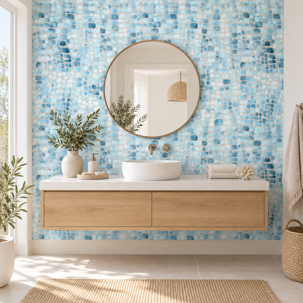 Azure Mosaic peel and stick wallpaper styled in a bathroom