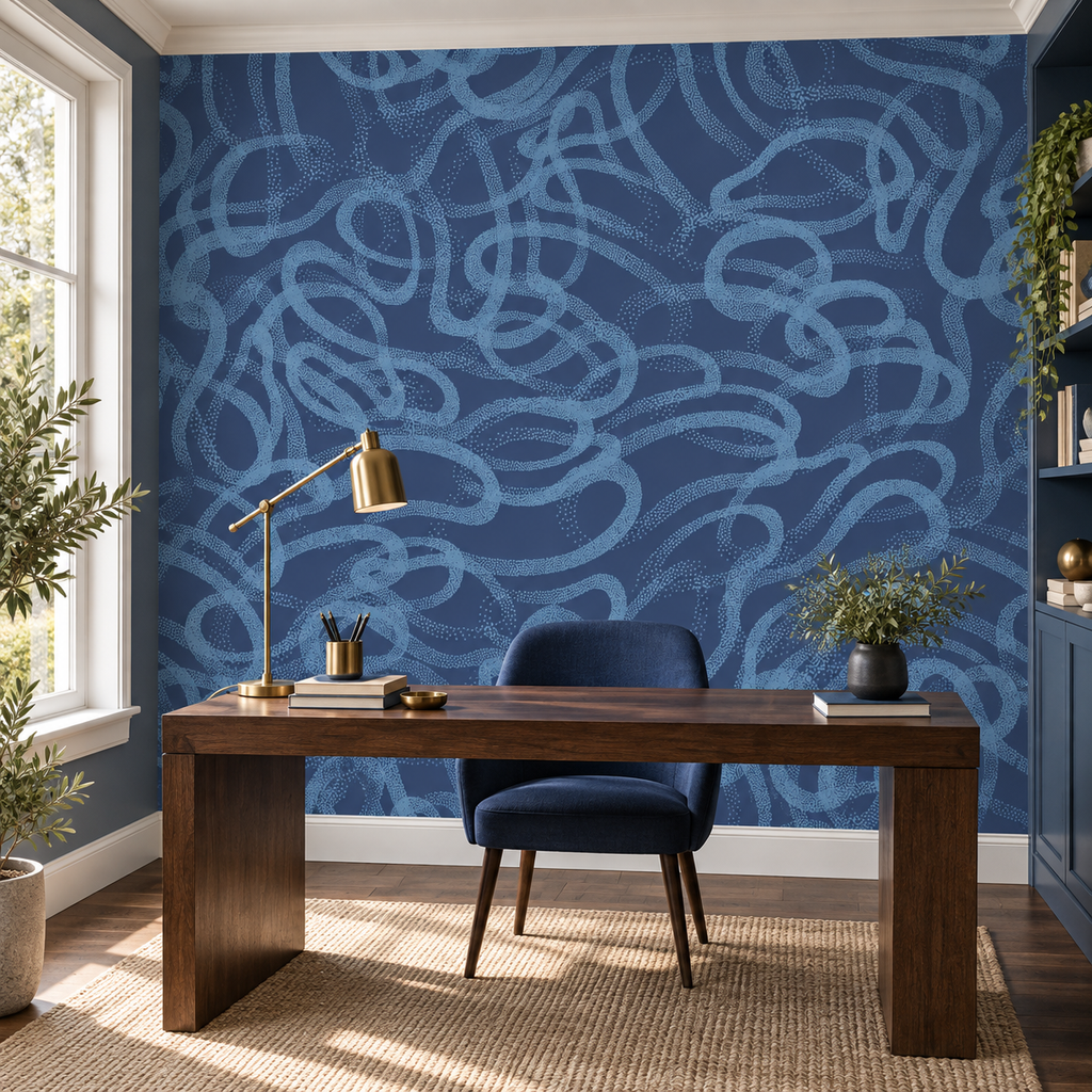 Azure Scribbles, peel and stick wallpaper styled on a feature wall
