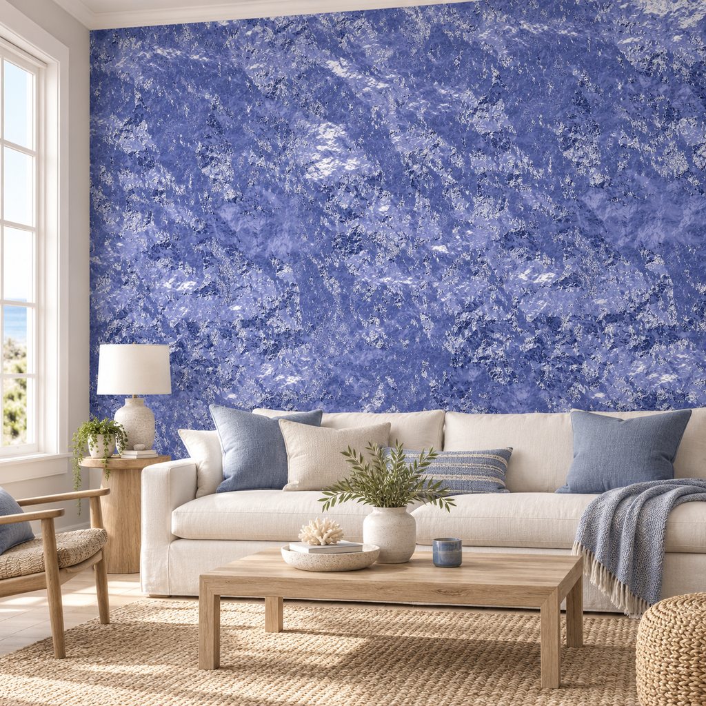Azure Stone, peel and stick wallpaper styled on a feature wall