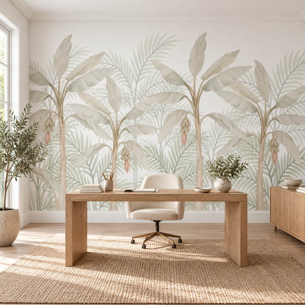 Banana Grove, peel and stick wallpaper styled on a feature wall
