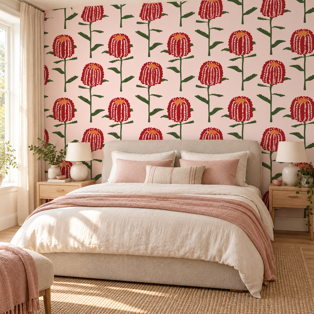 Banksia in Blush by Charlotte Brandis, peel and stick wallpaper styled on a feature wall