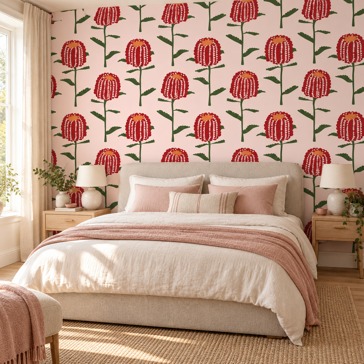 Banksia in Blush by Charlotte Brandis, peel and stick wallpaper styled on a feature wall